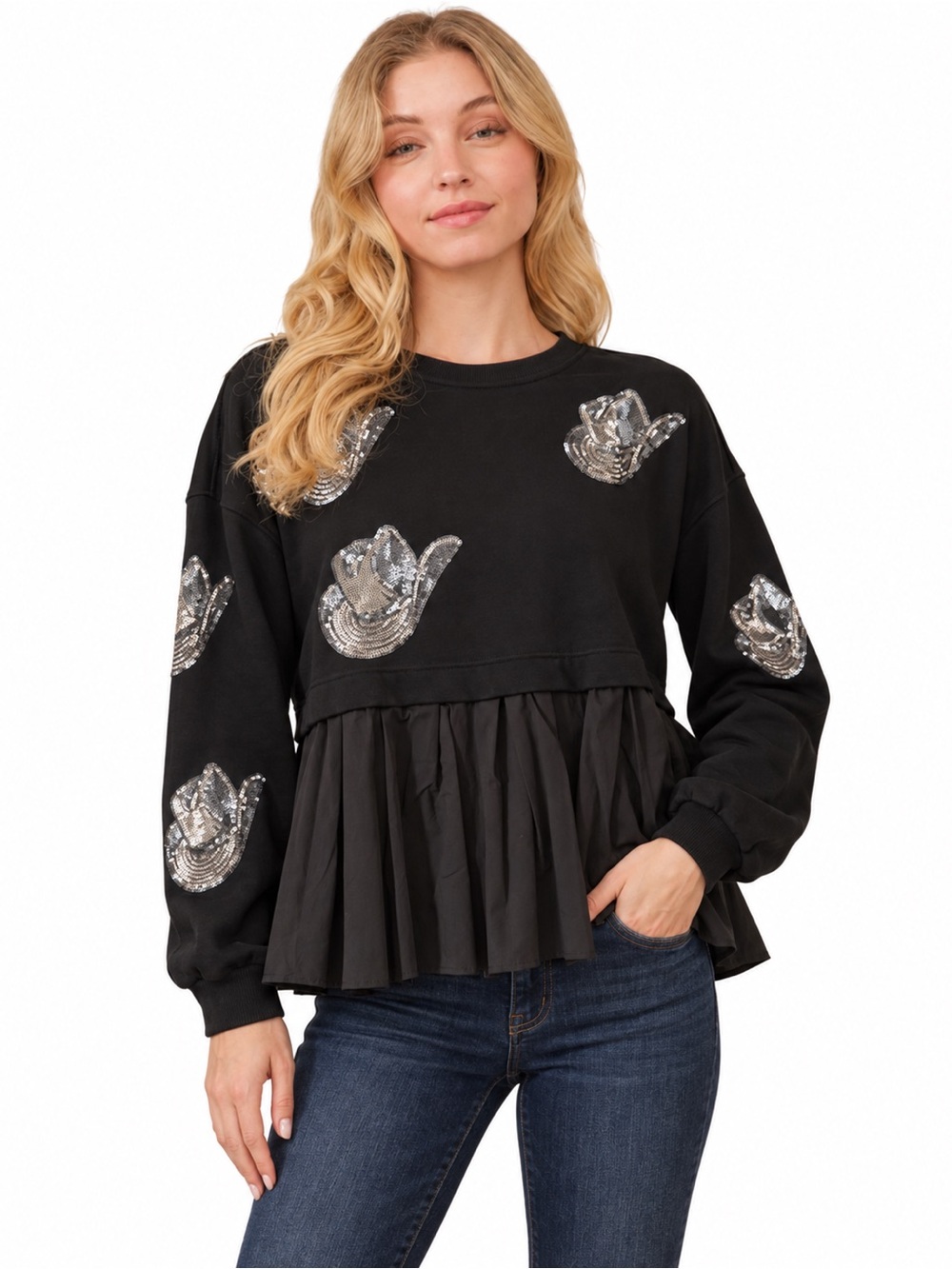NEW blue b Black Silver Gunmetal Sequin Cowboy Hat Western Peplum Sweatshirt